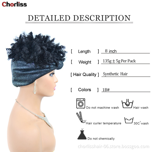 Hot Selling Black Fluffy Afro Short Kinky Curly Turban Wigs With Headband Attached For Black Women Synthetic Hair Wigs
